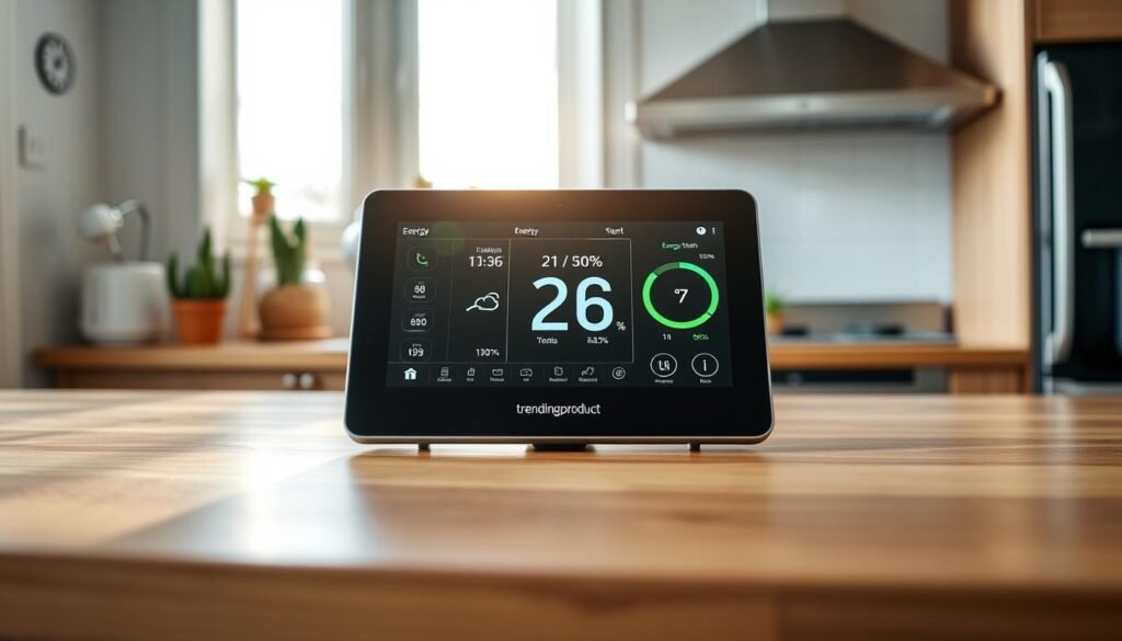 A close-up view of a sleek, modern smart home energy monitor displayed prominently on a wooden kitchen countertop, showcasing its high-definition touchscreen interface. The monitor features vibrant, easy-to-read graphics displaying energy consumption statistics. In the background, a stylish, well-lit kitchen is visible, with chrome appliances and eco-friendly plants adding a touch of green. Soft, natural lighting filters through a window, creating a warm atmosphere. The angle captures the monitor slightly from below, emphasizing its modern design. The brand "trendingproduct" is subtly featured on the monitor's interface. The overall mood is inviting and informative, reflecting a blend of technology and sustainability in everyday living.