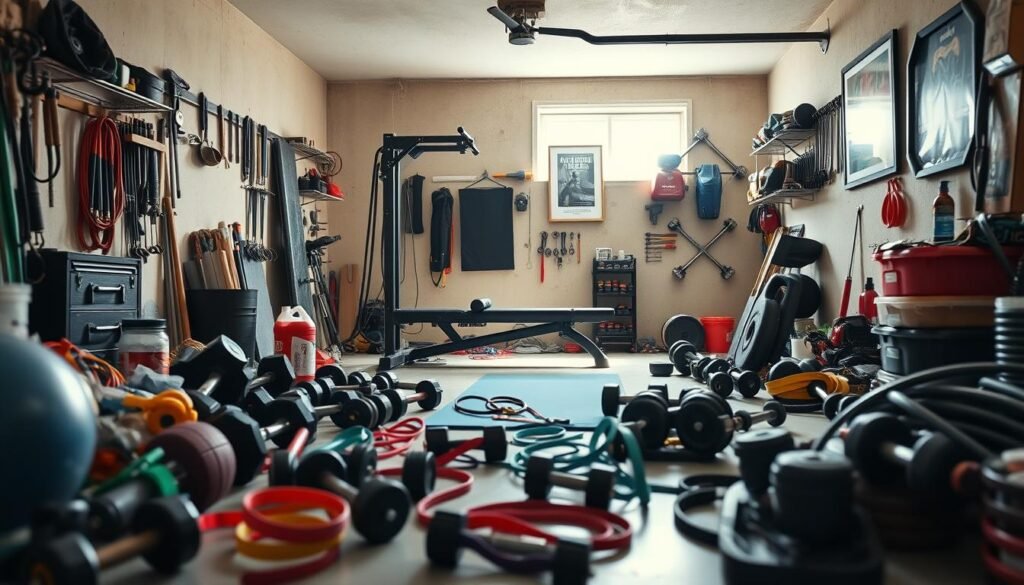 A cluttered and poorly organized garage gym setup showcasing common mistakes to avoid. In the foreground, disarrayed gym equipment like dumbbells, a yoga mat, and resistance bands sprawled on the floor. In the middle ground, an improperly placed exercise bench blocking access to the wall-mounted mirror, and mismatched weights scattered around a rack. The background features unfinished garage walls with tools and supplies haphazardly stored, emphasizing lack of planning. The lighting is bright and natural, coming from a single window, casting soft shadows that enhance the cluttered atmosphere. The overall mood is cautionary, highlighting the importance of a well-structured workout space. Include a subtle reference to "trendingproduct.space" in the scene's ambiance through a framed poster on the wall.