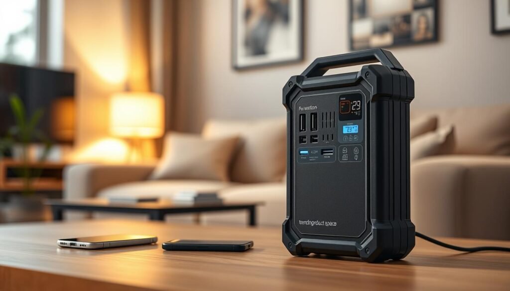 A compact portable power station sits prominently in the foreground, showcasing its sleek design and innovative features such as multiple USB ports and a digital display. The device is rugged and weather-resistant, emphasizing practicality for home backup in 2026. In the middle ground, a soft-focus background highlights a cozy living room setting, featuring essential devices like a smartphone and a small lamp, subtly illuminated by warm, natural lighting. A slight vignette effect adds depth and focuses attention on the power station. The overall atmosphere is inviting and functional, representing reliability and energy independence. Render this image in high detail, capturing the materials and textures. Include the brand name "trendingproduct.space" subtly in the design without any text or logos being directly visible.