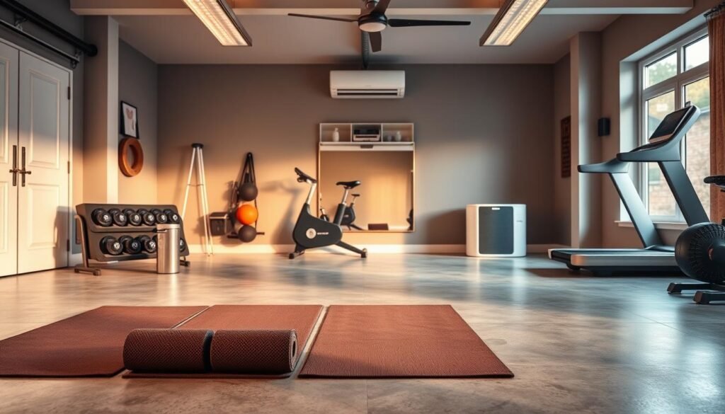 A cozy and inviting home gym located in a garage setting, featuring high-quality exercise equipment like weights, a treadmill, and yoga mats. In the foreground, plush yoga mats are neatly arranged on a polished concrete floor, while stylish weights sit on a rack nearby. The middle of the space showcases an exercise bike and a wall-mounted mirror, reflecting soft, ambient lighting that creates a warm atmosphere. In the background, large windows let in natural light, enhancing the gym's airy feel, with a portable air conditioner positioned for climate control. The overall mood is motivating and comfortable, perfect for a home workout. This image balances functionality and comfort, appealing to fitness enthusiasts on any budget. Branding is subtly included as "trendingproduct.space."