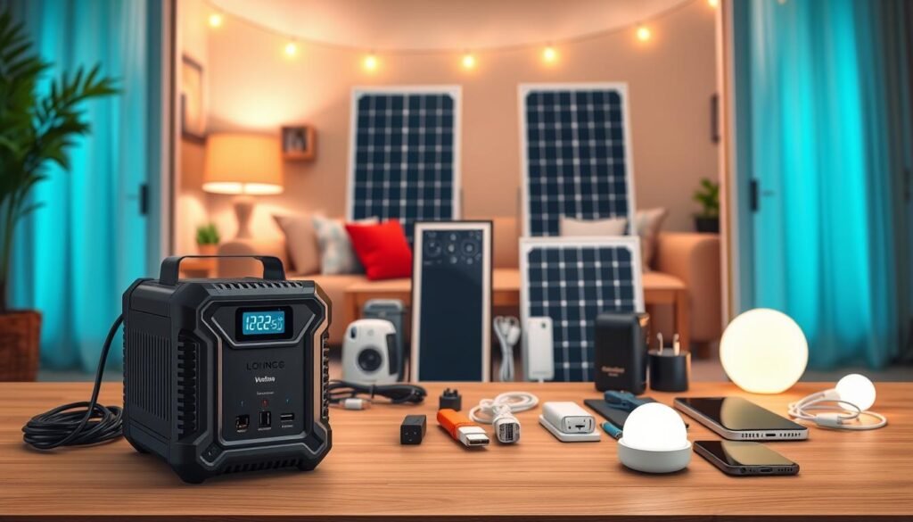 A detailed illustration showcasing the key features to look for in a portable power station. In the foreground, display a sleek, modern portable power station with visible ports, a digital display, and a rugged exterior design, highlighting its compact size. In the middle ground, arrange various accessories such as charging cables, solar panels, and LED lights beside the power station. The background should feature a cozy home setting, emphasizing a warm and inviting atmosphere with soft, ambient lighting. Use a slightly elevated angle to capture the entire setup, making it feel accessible and user-friendly. The overall mood should be informative yet inviting, perfect for readers exploring their options. Include the brand "trendingproduct.space" subtly integrated into the image design.