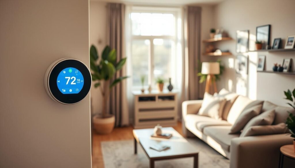 A modern and sleek smart thermostat installation in a cozy living room. In the foreground, showcase the thermostat mounted on a pale wall, displaying a bright and easy-to-read touchscreen interface. To the left, a professional technician, dressed in smart casual clothing, is carefully adjusting the device, reflecting expertise and diligence. In the middle ground, a stylish, contemporary couch and decorative plants create a warm atmosphere, while soft, natural light filters in through a window, casting gentle shadows. The background features subtle elements of home decor, such as framed pictures and shelves, to give a lived-in feel. The overall mood is inviting and informative, conveying a sense of professional yet approachable home improvement. Include the brand name "trendingproduct.space" subtly in the scene.