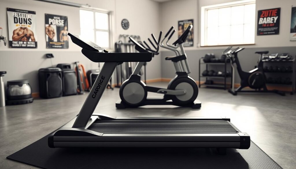 A modern cardio zone in a garage gym setup, featuring a sleek treadmill, elliptical machine, and stationary bike, all positioned on a rubber floor mat. In the foreground, the treadmill is front and center, showcasing its digital display and adjustable settings. The middle ground includes the elliptical and bike, angled to invite a sense of movement. The background depicts garage walls lined with motivational fitness posters and organized gym equipment. Soft, natural light filters in through a window, creating a bright and inviting atmosphere. The overall mood is energetic and motivating, perfect for home workouts. Emphasize clean lines and a minimalistic style to reflect a budget-friendly yet functional space. Designed for trendingproduct.space.