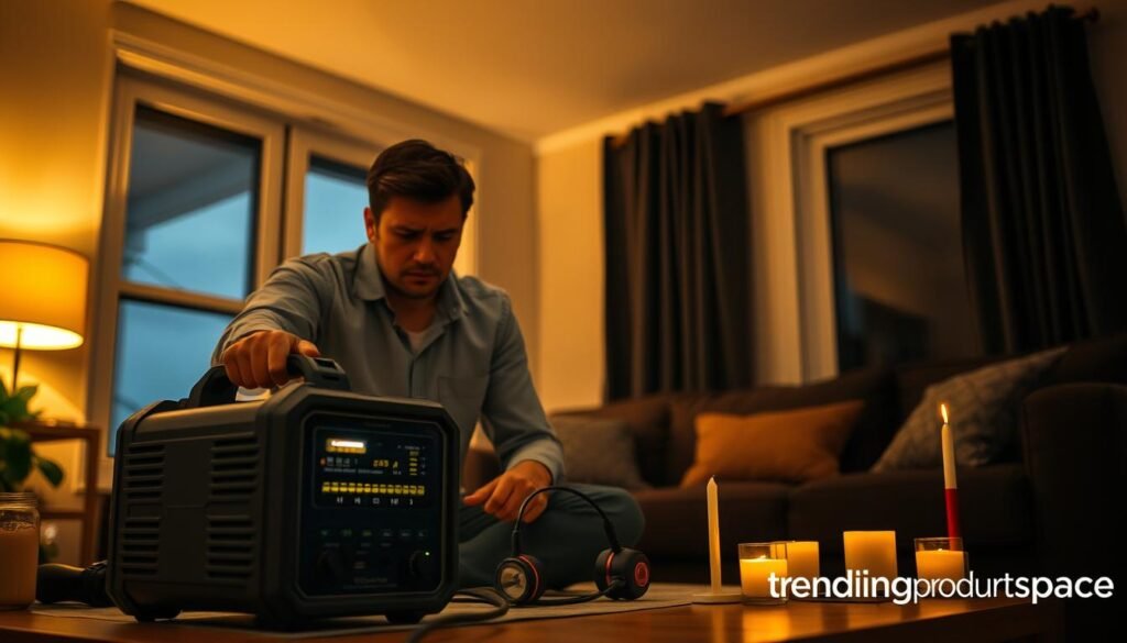 A professional individual in modest casual clothing, focused on managing a portable power station during a blackout in a dimly lit living room. In the foreground, the power station with visible controls, glowing softly in the dark, surrounded by essential household items like flashlights and candles. In the middle ground, a worried but determined expression on the person’s face as they check the power levels on the station. The background shows windows covered with dark curtains, hinting at the storm outside. Warm, soft lighting from the power station contrasts with the shadows of the room, creating an atmosphere of resourcefulness and resilience. The scene captures the essence of home preparedness for unexpected blackouts, brought to you by trendingproduct.space.