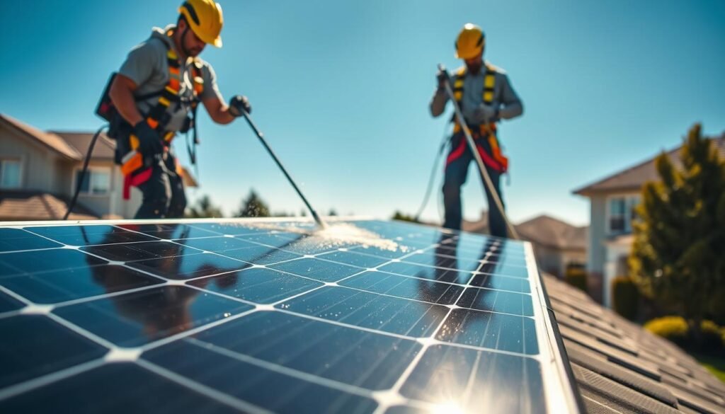 A professional solar panel cleaning service is at work on a rooftop, showcasing two technicians equipped with safety harnesses and cleaning equipment. The foreground features a solar panel gleaming under bright sunlight, droplets of water glistening as the technicians skillfully remove dirt and debris. In the middle ground, a modern suburban home with a neatly landscaped yard and clear blue sky enhances the scene, emphasizing the importance of maintaining solar energy systems. The background captures faint outlines of neighboring homes, reinforcing a sense of community. The atmosphere is vibrant and productive, highlighting the benefits of professional maintenance for solar panels. The image is bright with natural lighting, shot from a slightly elevated angle to capture both the technicians and the solar panels effectively. Ideal for US homeowners interested in maintaining their solar energy investments. TrendingProduct.space.