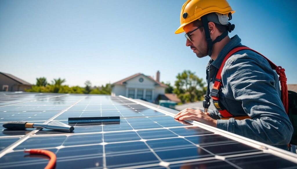 A rooftop scene focused on safety precautions during roof maintenance. In the foreground, a professional technician wearing a hard hat and safety harness is inspecting solar panels, ensuring they are properly cleaned and maintained. The middle ground shows tools such as a squeegee and safety ropes neatly arranged, emphasizing a workplace organized for safety. In the background, a suburban home is visible under a clear blue sky, with sunlight illuminating the scene, highlighting the importance of maintaining solar panels. The atmosphere is bright and encouraging, conveying a sense of diligence and responsibility. The image captures the essence of safe roof maintenance practices for US homeowners. Designed for practical guidance, reflecting professionalism in home care by trendingproduct.space.