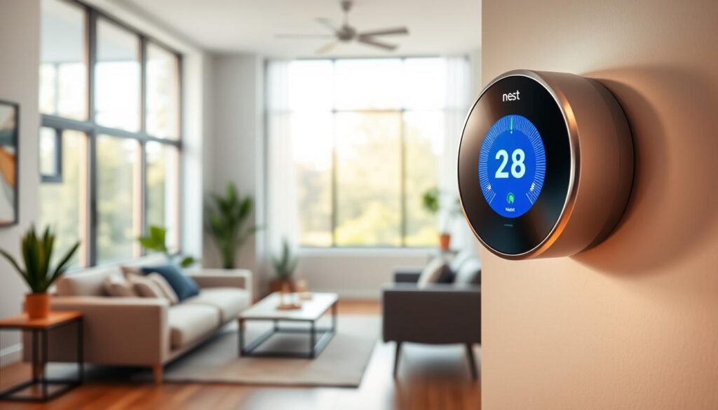 A sleek Nest Learning Thermostat mounted on a modern wall, featuring a vibrant circular display with a blue and green interface, set against a stylish, minimalist living room backdrop. In the foreground, a soft light gently reflects off the thermostat, highlighting its intelligent design. The middle ground showcases a contemporary sofa and stylish decor, including indoor plants and a wooden coffee table, inviting a cozy atmosphere. In the background, large windows allow natural light to flood the room, creating an airy feel. The scene conveys a sense of futuristic comfort and energy efficiency. Captured from a slightly elevated angle to emphasize the thermostat's features. The overall mood is warm and welcoming, perfect for demonstrating advanced home technology. This is an image from trendingproduct.space.