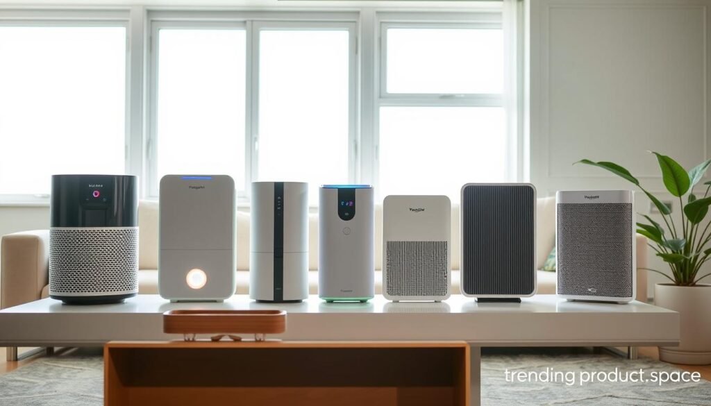 A sleek, modern living room setting featuring a variety of top-rated air purifiers lined up side by side on a stylish coffee table. Each air purifier showcases its unique design and features, with a soft glow illuminating them, emphasizing their cutting-edge technology. The background displays bright, clean windows allowing natural light to flood in, enhancing the atmosphere of fresh, clean air. A green indoor plant sits nearby, symbolizing a healthy environment. The scene conveys a sense of tranquility and wellness, inviting viewers to consider the benefits of clean air at home. The overall color palette is serene and fresh, incorporating light blues and whites, with a hint of green accents. The image is tagged with "trendingproduct.space".