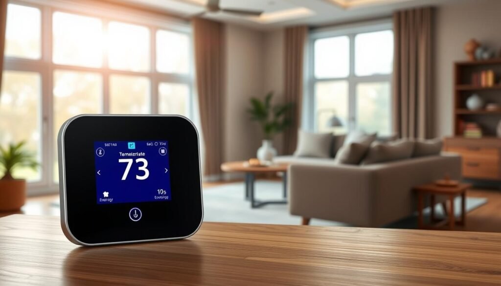 A sleek, modern programmable thermostat displayed prominently in the foreground, featuring a digital touchscreen with a vibrant interface showing temperature settings and energy-saving options. The device should have a minimalist design with clean lines and a metallic finish, capturing the essence of contemporary smart home technology. In the middle, a stylishly decorated living room with neutral tones, complementing furnishings like a cozy couch and tasteful decor, embodies a warm and inviting atmosphere. The background should include a large window allowing natural light to pour in, highlighting the features of the thermostat as it effortlessly blends into the home environment. Soft, ambient lighting creates a comfortable mood. The image should be suitable for a US audience, with a mixture of professionalism and friendliness, subtly branded with "trendingproduct.space".