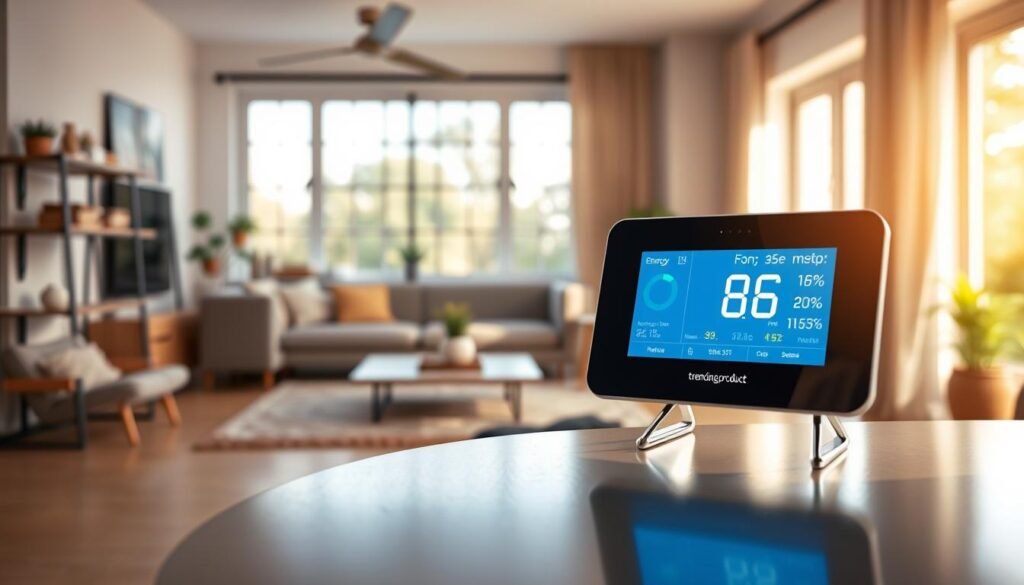 A sleek, modern smart home energy monitor displayed prominently in the foreground, showcasing its vibrant digital screen that displays energy consumption data in real-time. The device is elegantly designed with clean lines and a glossy finish, emphasizing its technological sophistication, and is branded with "trendingproduct". In the middle ground, a stylish home environment is visible, featuring smart devices like smart bulbs and thermostats, subtly integrated into a cozy living room. The background presents a large window with natural light pouring in, creating a bright and inviting atmosphere. The image should be captured using a shallow depth of field, focusing sharply on the energy monitor while softening the background. The mood should be futuristic yet warm, conveying the ease of managing home energy efficiently and effectively.