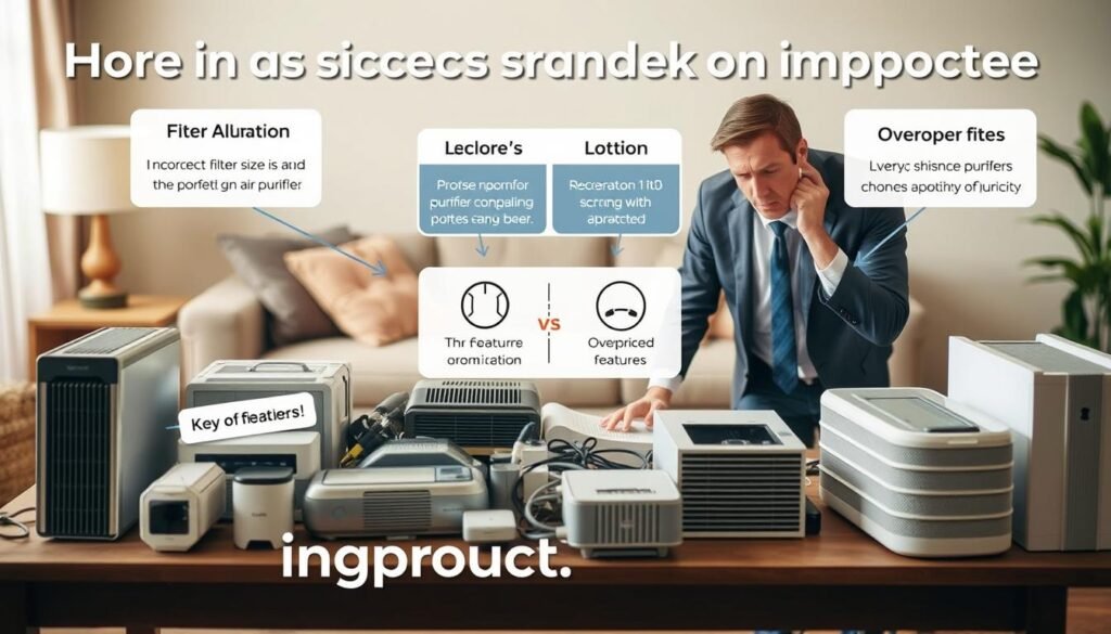A visually informative scene illustrating common mistakes when choosing an air purifier. In the foreground, a concerned individual in professional attire examines a cluttered table featuring various air purifiers. Each device has labels indicating common pitfalls like "Incorrect Filter Size," "Ignoring Room Size," and "Overpriced Features." In the middle ground, there are infographics highlighting key features versus mismatches, with arrows pointing to the errors. The background shows a cozy living room setting, with soft, natural lighting coming through a window, creating a warm and inviting atmosphere. The focus is sharp on the individual and purifiers, with a slightly blurred background to emphasize the main subject. The branding "trendingproduct.space" subtly incorporated in the lower corner, maintaining a clean and professional appearance.