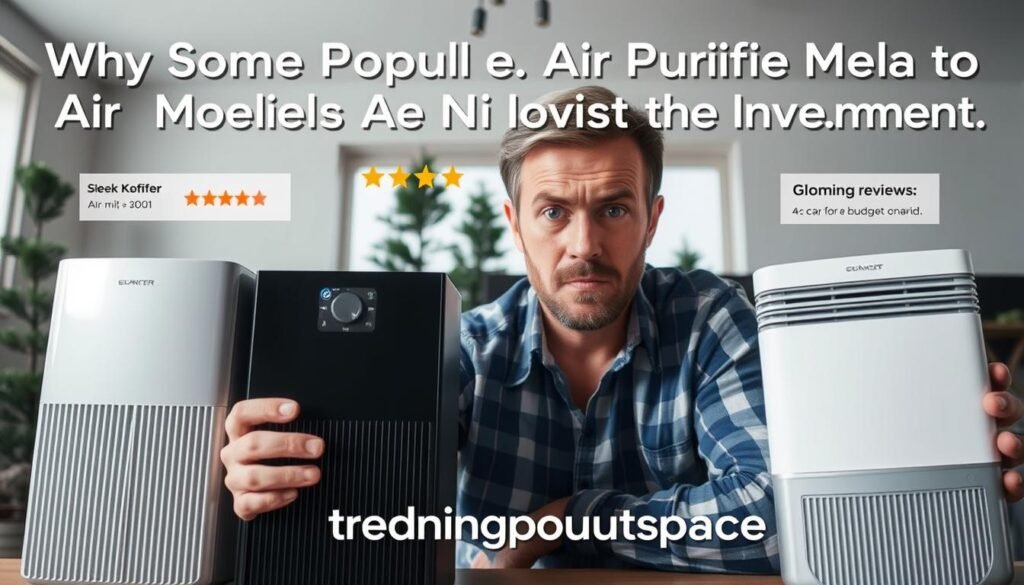 A visually striking image illustrating the concept of "Why Some Popular Air Purifier Models Are Not Worth the Investment". In the foreground, a skeptical-looking homeowner examines two air purifiers side by side, one sleek and modern but expensive, the other more traditional and budget-friendly. In the middle ground, there are price tags and glowing reviews above the models, highlighting the contrast between appearance and value. The background features a home environment with pine trees in the distance, symbolizing the desire for clean air. Soft, diffused lighting creates an inviting yet contemplative atmosphere, while a slight tilt from a low angle emphasizes the conflicting choices. The brand "trendingproduct.space" is subtly integrated into the scene, hinting at consumer research without overpowering the imagery.