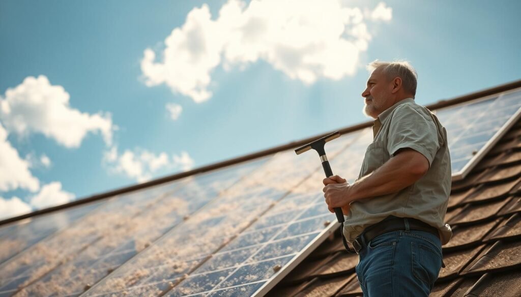 A worried US homeowner stands at the edge of a roof, gazing at a row of dirty solar panels under direct sunlight. In the foreground, the homeowner, dressed in a modest casual outfit, holds a cleaning tool with a hesitant expression. In the middle ground, several solar panels are partially obscured by dust and debris, emphasizing neglect. The background features a bright blue sky with a few fluffy clouds, creating a stark contrast with the dirty panels. Soft, warm lighting highlights the homeowner's concern and the need for maintenance, while the angle captures both the solar panels and the looming threat of reduced efficiency. This image underscores the risks associated with neglecting solar maintenance for "trendingproduct.space".